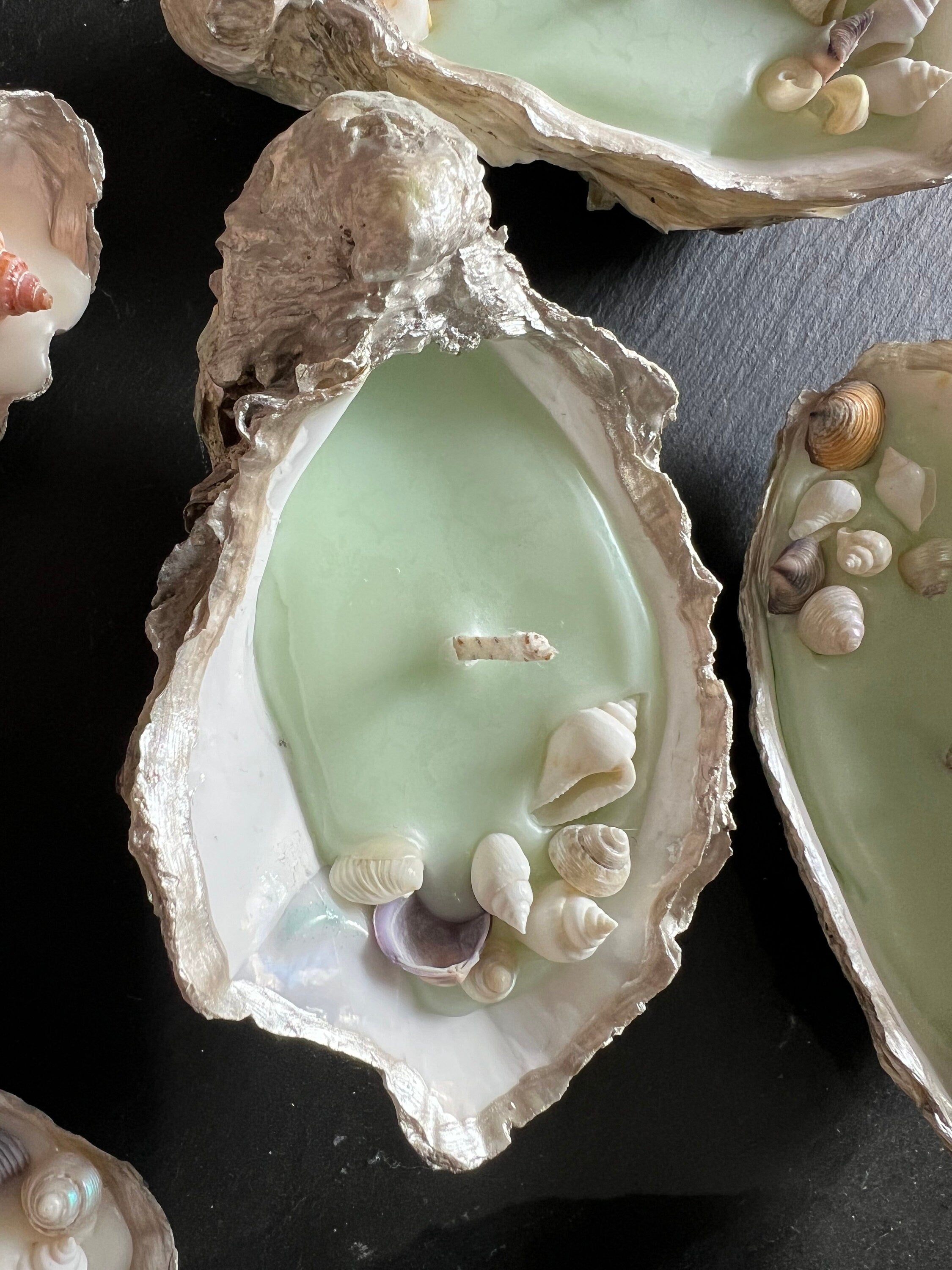 Handmade candles, oyster shells