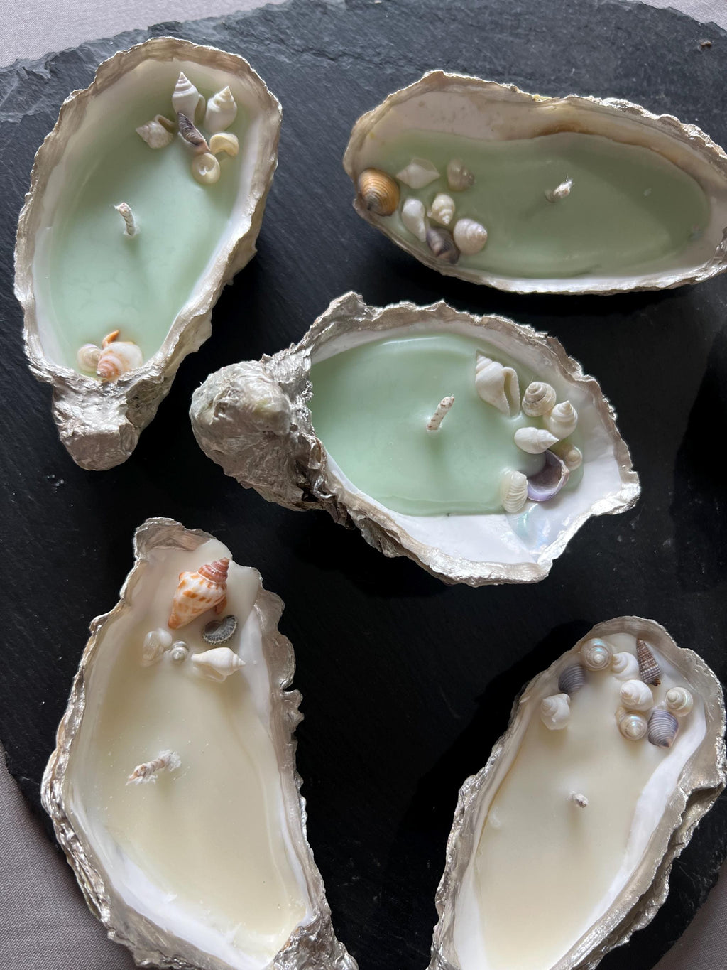 Handmade candles, oyster shells