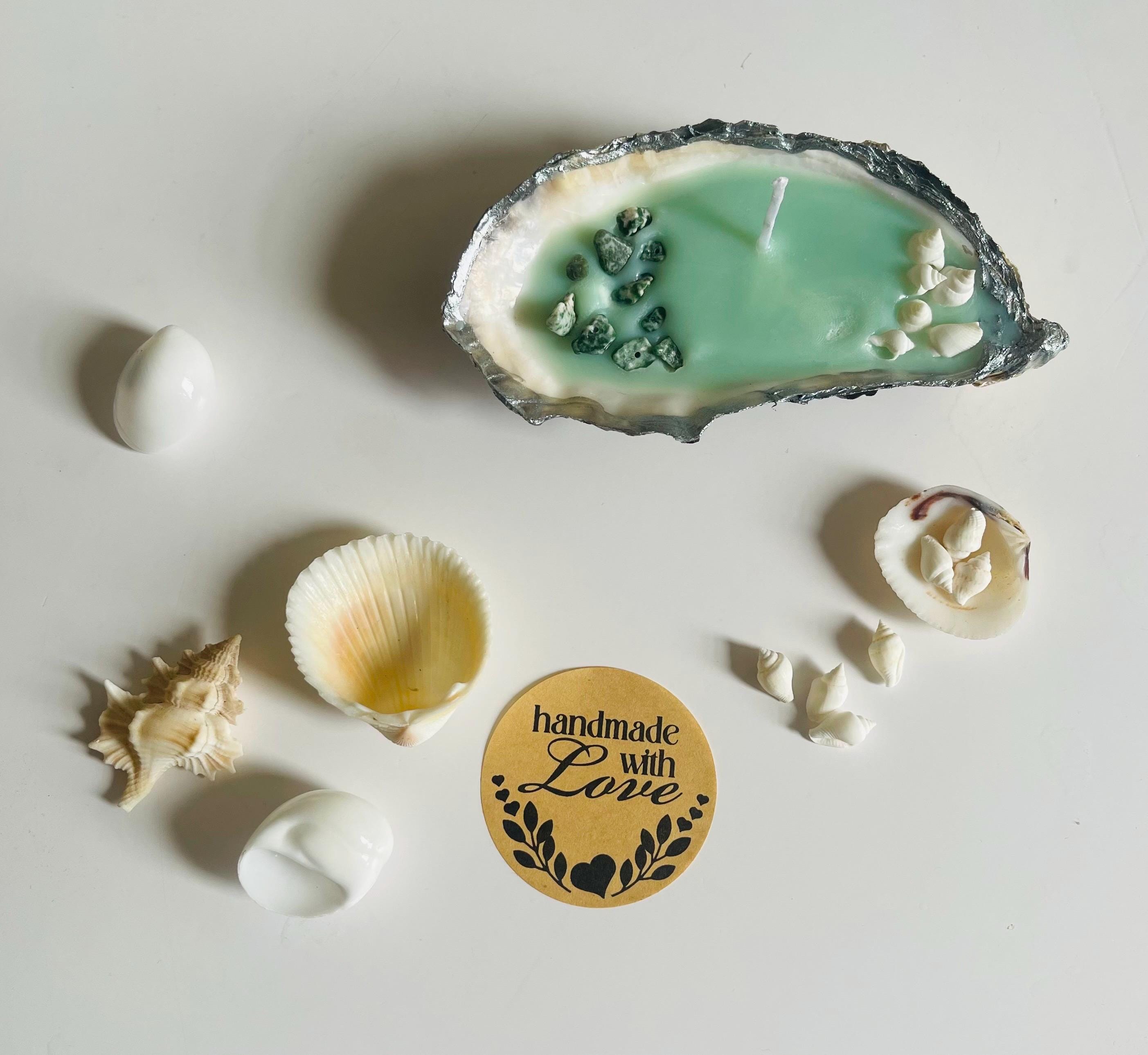 Crystal Oyster Shell Candle, Handmade Coastal Candle with Crystals & Seashells, Ocean-Inspired Gift