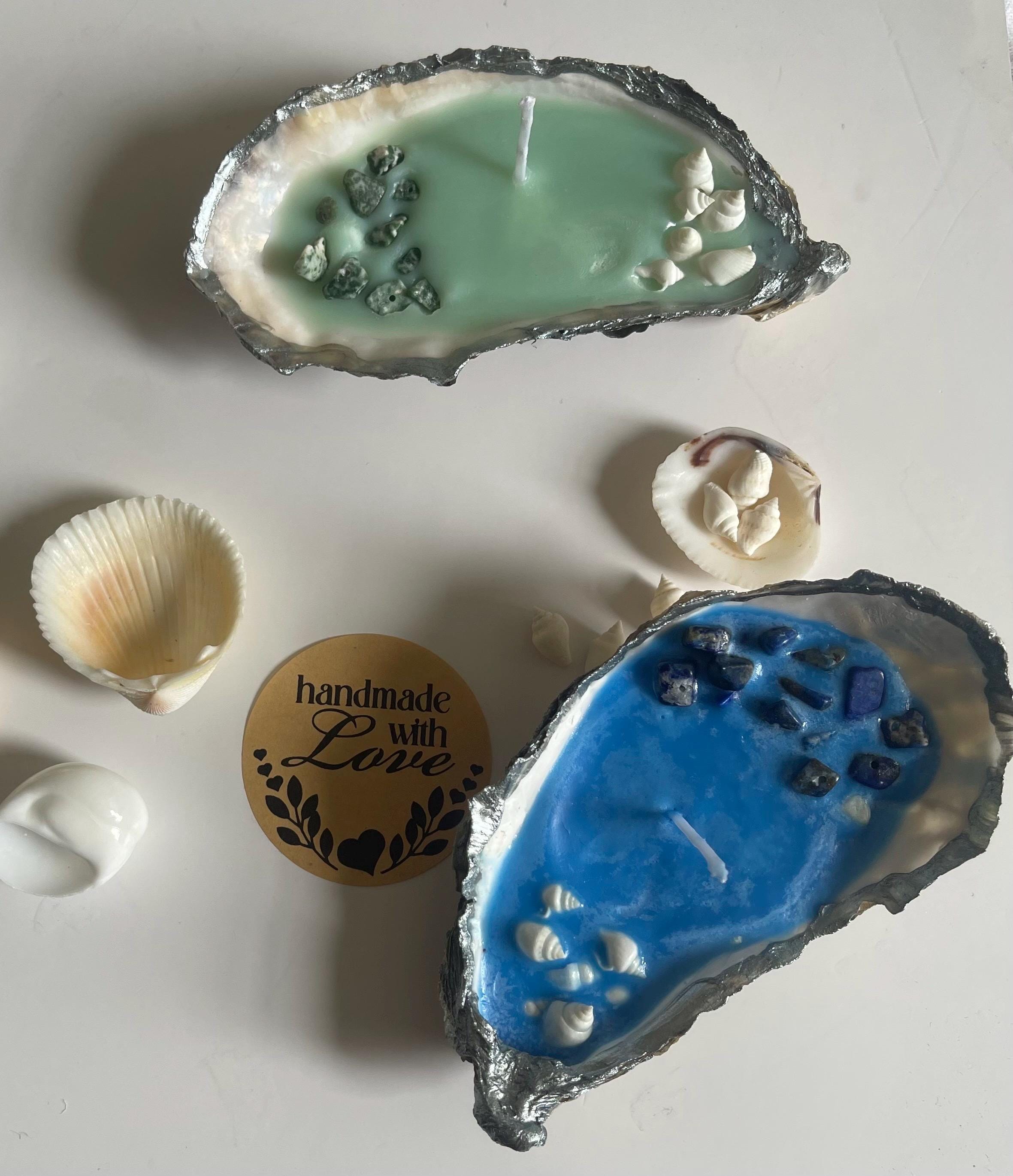 Crystal Oyster Shell Candle, Handmade Coastal Candle with Crystals & Seashells, Ocean-Inspired Gift
