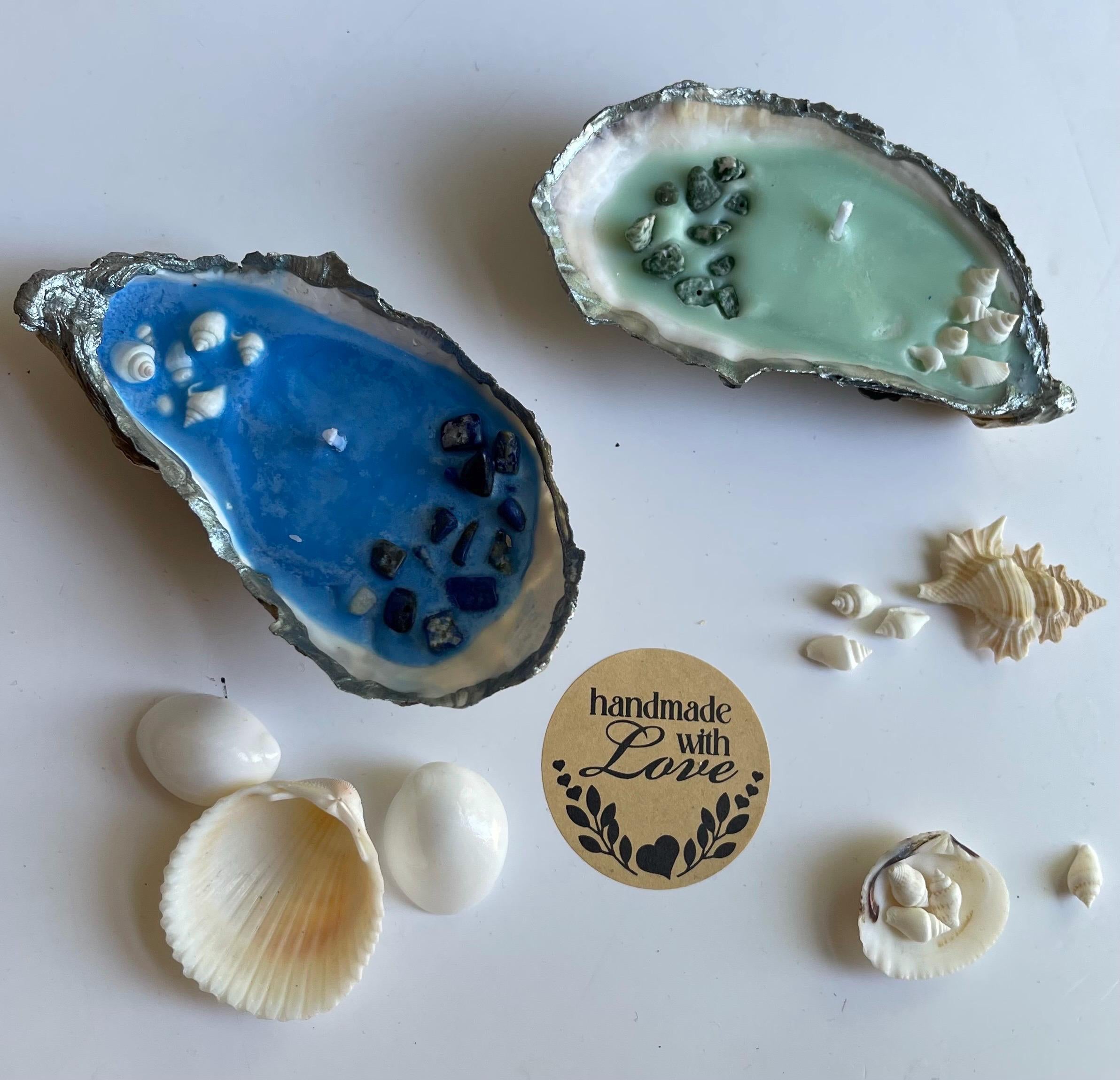 Crystal Oyster Shell Candle, Handmade Coastal Candle with Crystals & Seashells, Ocean-Inspired Gift