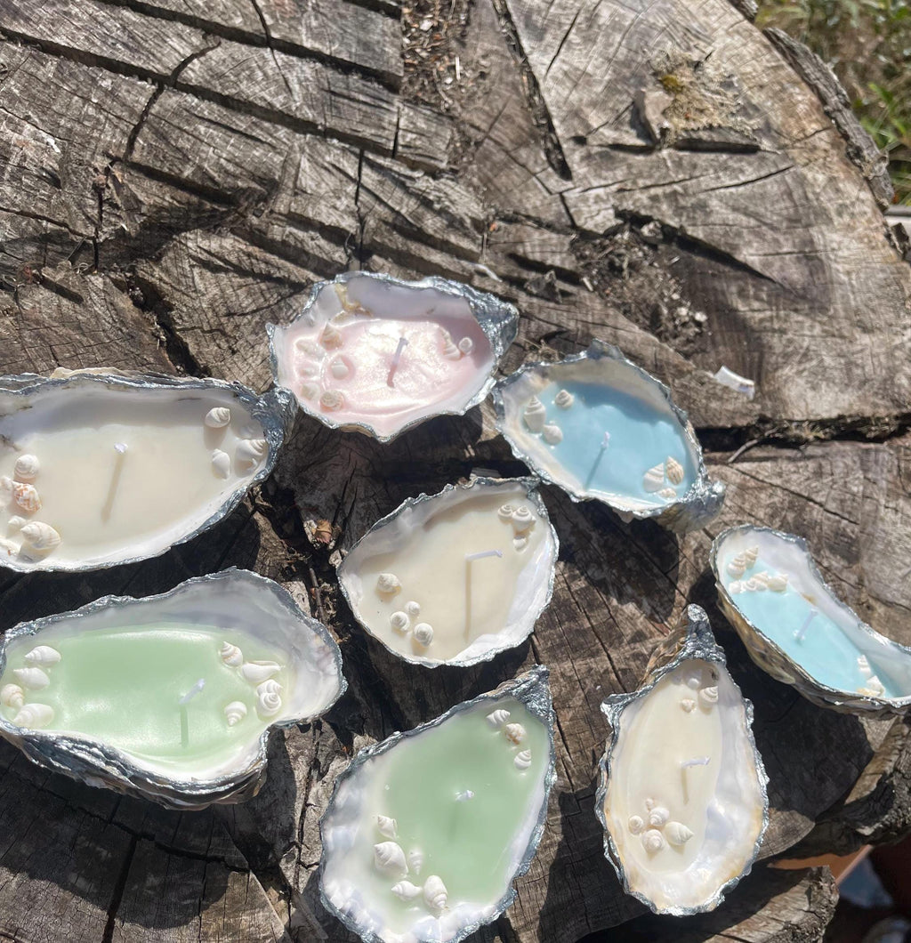 Handmade candles, oyster shells