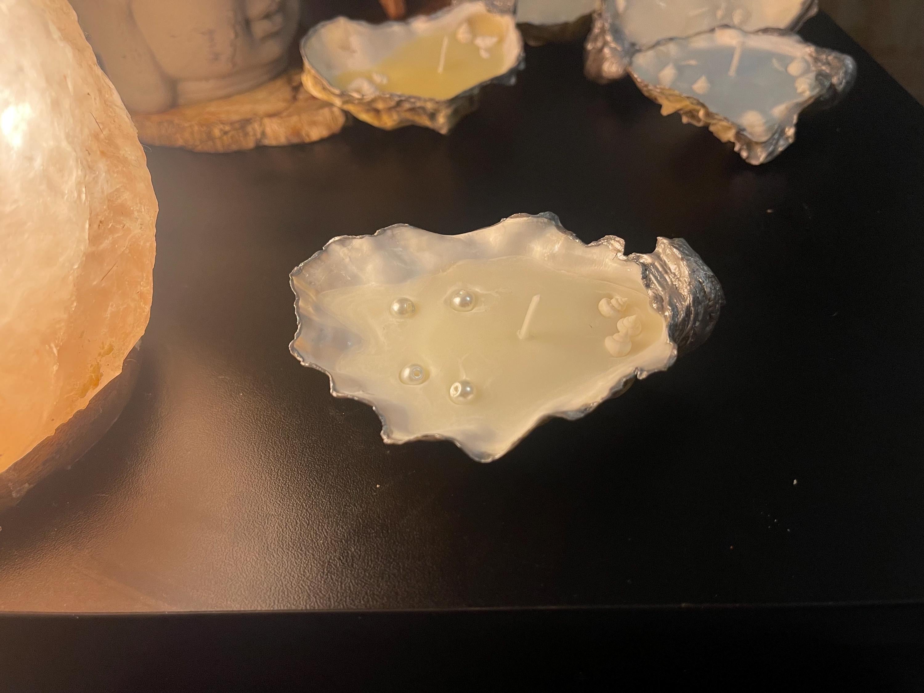 Oyster Shell Candle with Pearls – Handmade Soy Wax Coastal Decor